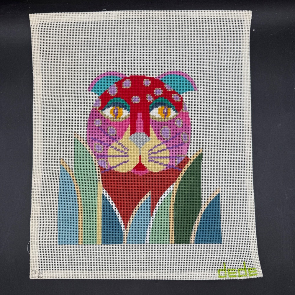 Vintage Dede's Needleworks. Needlepoint Canvas Art 13" Colorful Leopard Boho Cat